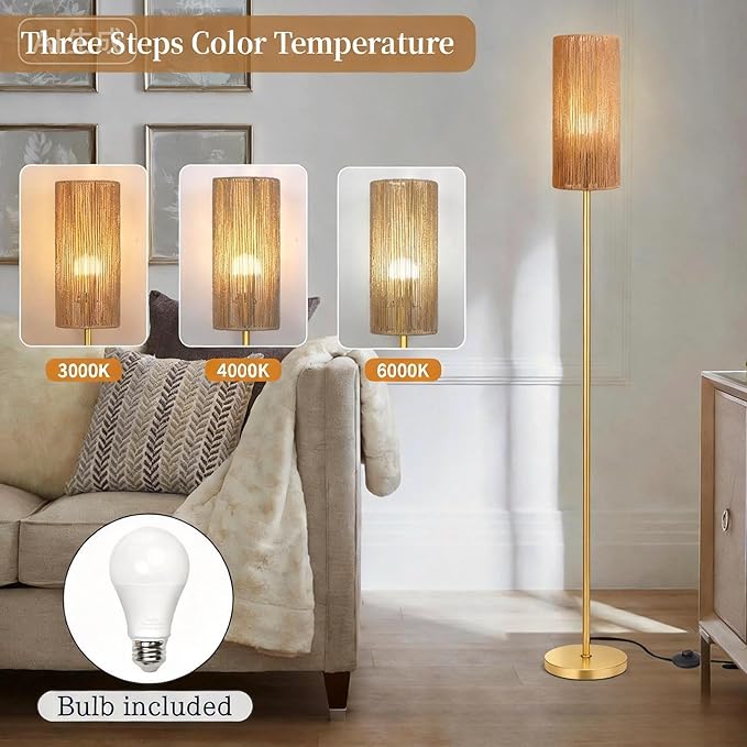 Ruiever Floor Lamp for Living Room,Farmhouse Floor lamp,Modern Standing lamp with Hand-Worked Rattan Shade (Straight Line Rattan Shade Gold Lamp- 3 Color Bulb)