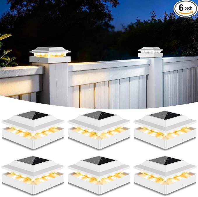 Solar Post Cap Lights for 4x4 Wood/Vinyl Posts, 6 Pack | IP65 Waterproof Fence Post Solar Lights, Outdoor Post Lights with 2 Color Modes Decorate Garden Patio Porch Backyard, White