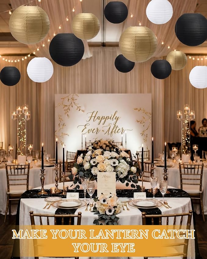 Treela 48 Pcs Paper Lanterns Party Decorations Round,Gold,Black,White