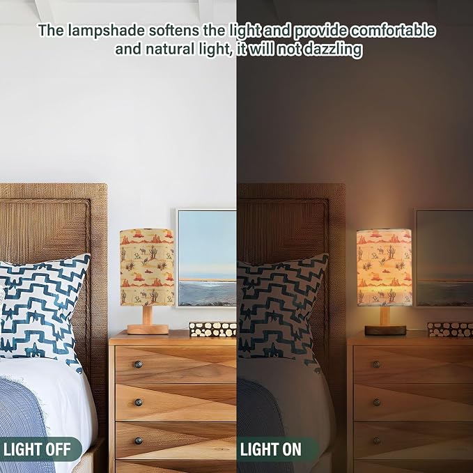 Table Lamp Vintage Desert Sunset Pattern Cactus Mountain Cowboy Horse Turkey Nightstand Lamp with Wood Base Fabric Lamp Shade Bedside Desk Lamp for Living Room Bedroom Kids Room Office