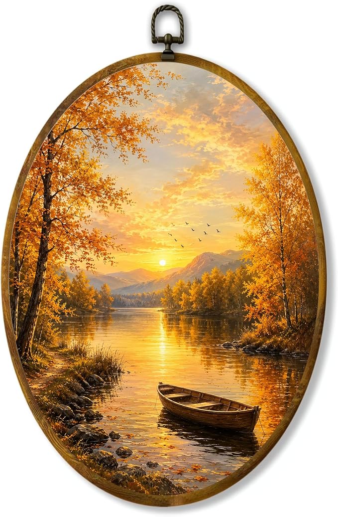 Fall Lake Oval Wall Art, Framed Canvas Decor, 8.5x11.5 Inch | Autumn lake sunset, wooden boat, mountain view and golden trees farmhouse decor