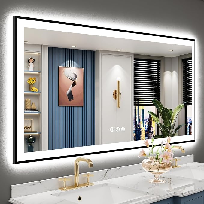 60x30 Black LED Bathroom Mirror, Backlit & Front Lit Lighted Mirror | Metal Framed Anti-Fog Vanity Mirror with Lights, 3 Color Dimmable, Memory, HD Tempered Glass, CRI95, UL Listed, Wall Mounted