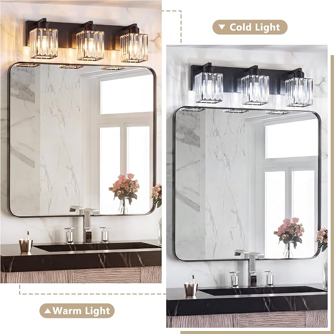Modern Bathroom Vanity Light, 3-Light K9 Crystal Bathroom Lighting Fixtures Over Mirror, Black Vanity Light with Square Shade