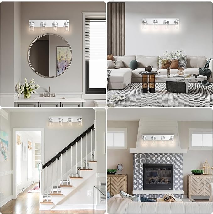 Chrome Light Fixtures, 4 Light Bathroom Vanity Light with Clear Glass Shade, 30 in Modern Vanity Light, Bathroom Lighting Fixtures Over Mirror for Living Room