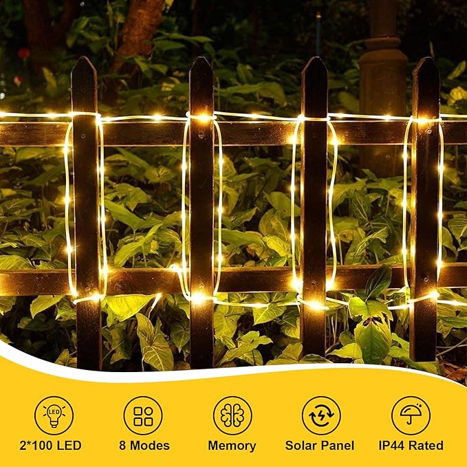 QITONG Warm White Solar Rope Lights, 2 Pack Each 33ft 100 LED String Light Outdoor, 8 Modes Fairy Lights in Clear Thin Tube