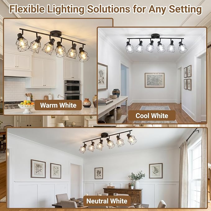 LOUSACE 6-Light Ceiling Track Lighting Fixtures, Multi-Directional Flush Mount Ceiling Spot Lights, Rotatable Black Track Light with Metal Cage for Farmhouse Dining Room, Living Room, E26 Base
