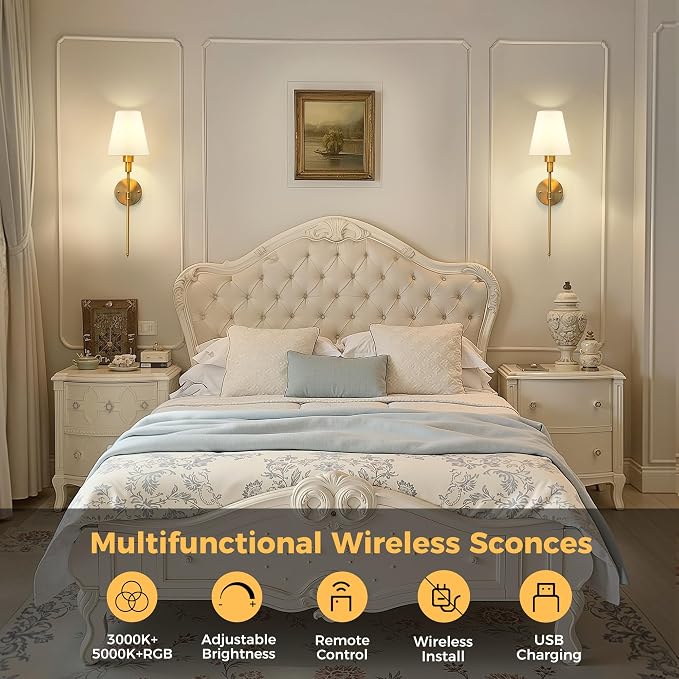 Battery Operated Wall Sconce: Set of 2 Wireless Wall Light 12000mAh | 15 Color Rechargeable Wall Sconces, Sconce Wall Decor Set of 2 for Bedroom, Living Room, Gold, 24.6in