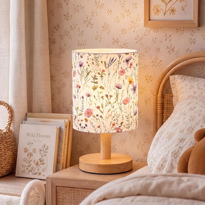 Wildflower Kids Table Lamp for Bedroom Kids Bedside Lamp with Linen Wooden Nightstand Cartoon Nursery Lampshade for Girls Boys Living Room