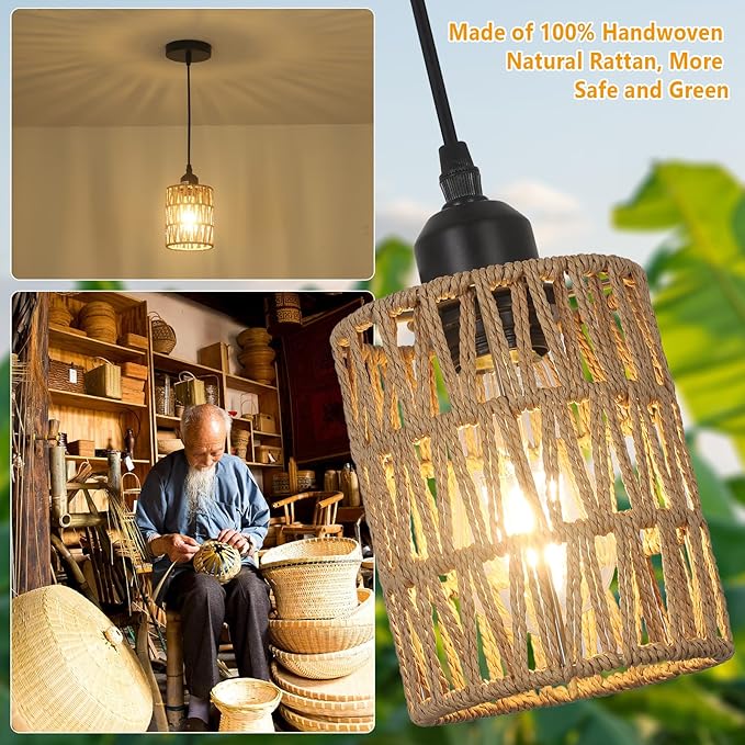 1-Light Rattan Pendant Lights, Boho Farmhouse Pendant Lighting with 4.7×5.9in Hand Woven Shade, Small Wicker Light Fixture Ceiling Hanging for Dining Room Kitchen, Height Adjustable up to 61in