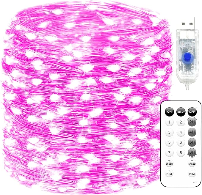 Fairy Lights 66ft 200 LED USB Twinkle String Lights Plug in Silver Wire Lights with Remote and Timer 8 Modes Outdoor Waterproof Starry Lights DIY Party Wedding Christmas Decoration(Pink)