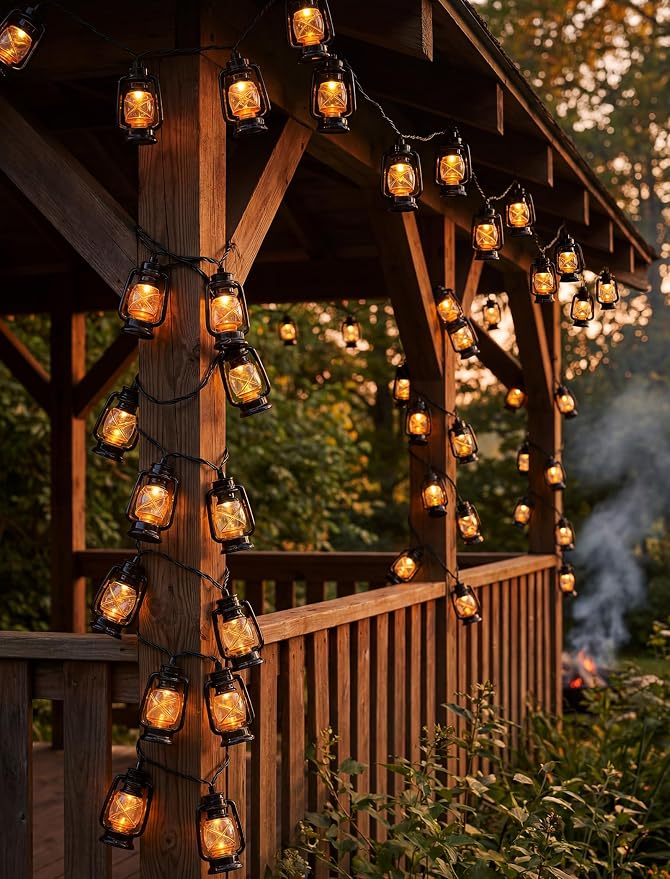 12FT Black Mini Kerosene String Lights, 20 LED Vintage Lantern Fairy Lights, Connectable Outdoor Decorative Lights for Patio Bedroom Camping Wedding Garden Christmas Party Decor