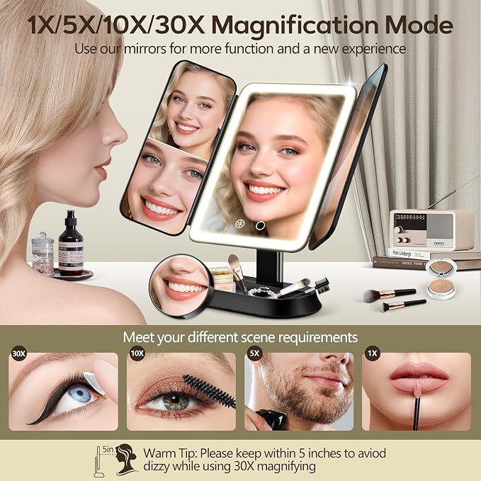 Makeup Mirror with Lights and 30X/10X/5X Magnification, Vanity Mirror with 3 Color Lights, Rechargeable, Detachable, Lighted Makeup Mirror with Magnification, Trifold Mirror, Gifts for Women