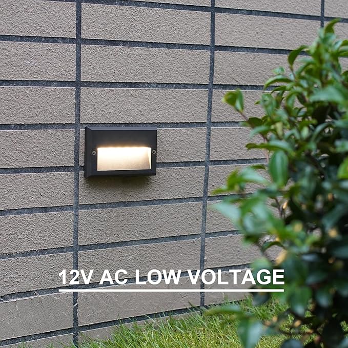 GOODSMANN Low Voltage Step Lights Kits 5.5 Inch Outdoor 12V AC Landscape Stair Lights Wired 8PK 3W LED Electric Outdoor Deck Lighting Black Metal 49 Lumens 3000K Warm White with Cable Connectors