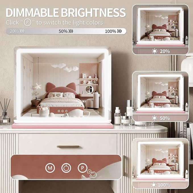ROLOVE Pink Makeup Mirror with Lights, 23x18 Inch - 3 Color Modes, Dimmable LED Light up Mirror with 10X Magnification - Pink Vanity Mirror Wall&Tabletop Mount for Teen Girls