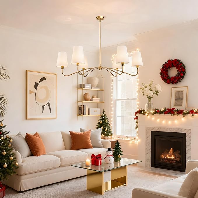 47'' Brushed Gold Chandelier with Shades, 6-Light Modern Chandelier for Living Room, Large Dining Room Light Fixture, Brass Large Classic Pendant Light Fixture for Kitchen Height Adjustable E12 Base
