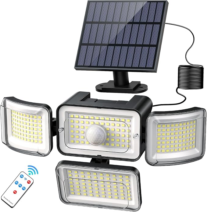 CLAONER Solar Outdoor Lights Motion Sensor 3500LM 288 LED Security Light with Remote Control IP67 Waterproof 4 Heads Flood Lights with 16.4ft Cable 4 Modes (1 Pack)