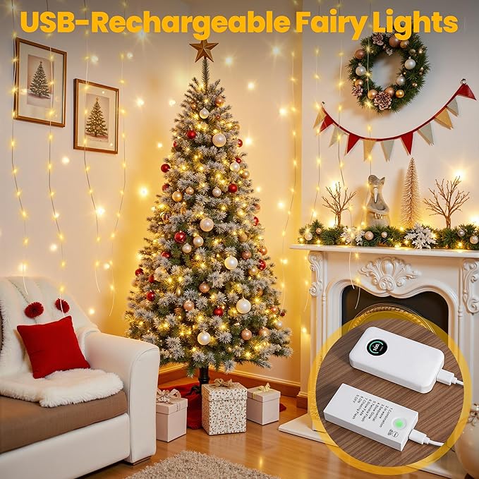 Mlambert 16.4FT LED Fairy Lights Battery Operated with Timer, Rechargeable Mini Twinkle Lights for Christmas Decor Holiday Party,1 Pack, Warm White