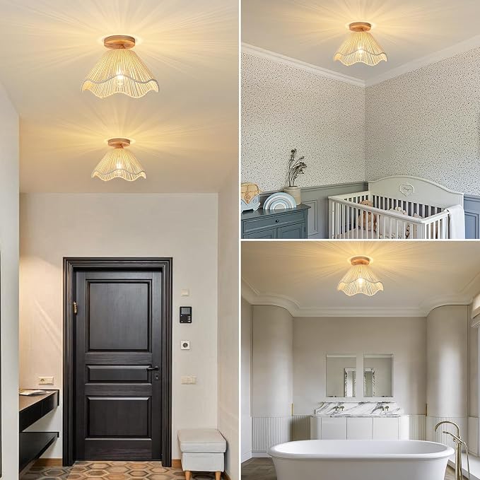 D12.5 Inch Boho Light Fixtures Flush Mount Mini Chandelier Woven Rattan Ceiling Light Fixture for Bedroom Hallway Bathroom Nursery Room