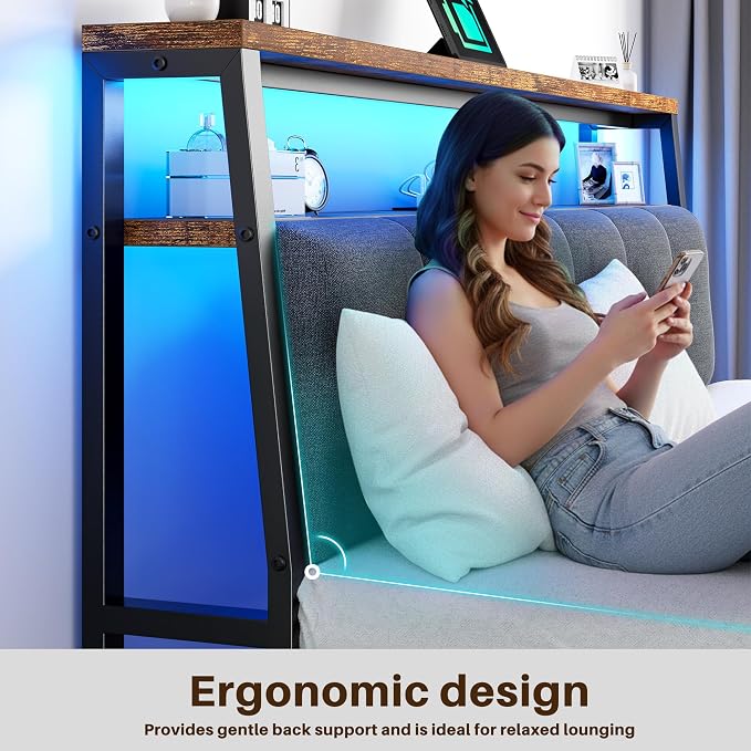 Homkdom Queen Bed Frame with Storage Headboard & Charging Station | Linen Upholstery, 2-Tier Shelf, 2 AC Outlets, Type-C, RGB LED Remote, 12in Underbed Clearance, 1000 lbs, No Box Spring, Brown
