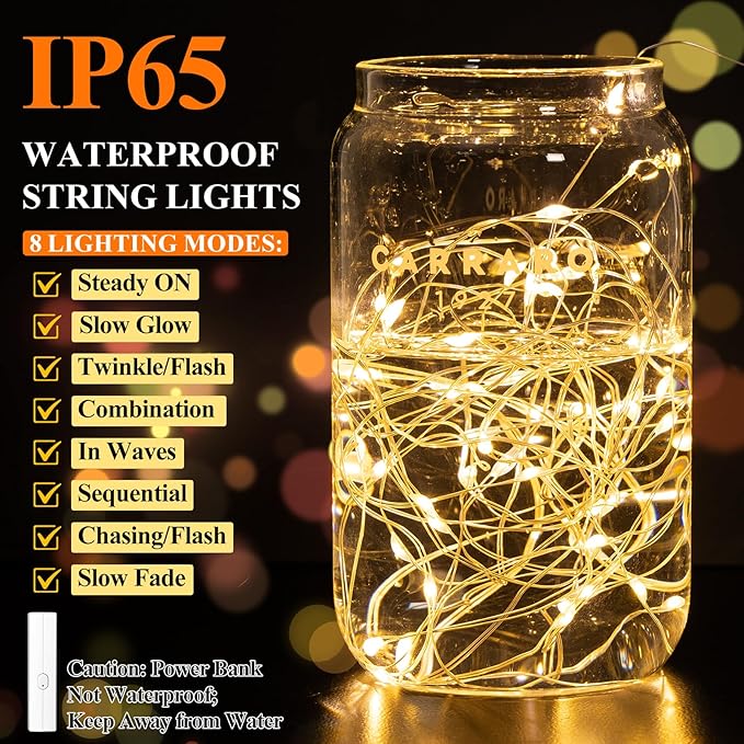Lakumu 66FT(33*2) Fairy Twinkle Lights Battery Operated, 100 LEDs Rechargeable Battery Powered String Lights with 8 Modes & Timer for Bedroom, Christmas Decorations, Party, Wedding, Table(Warm White)