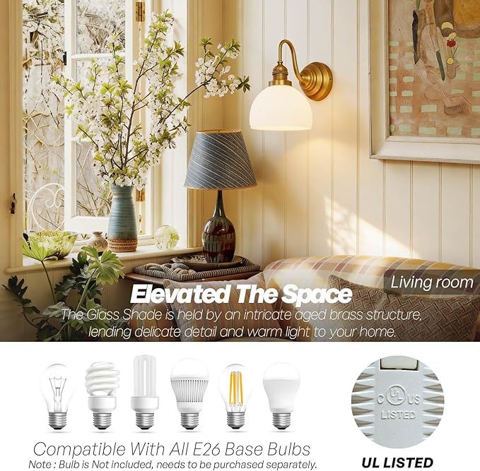 Brass Gold Wall Sconce Vintage Milk Glass Bathroom Vanity Light | Bathroom Wall Sconces,Antique Brass,Thick Half-Round Glass Shade,Hardwired,E26 Base,for Bathroom Mirror Hallway Kitchen