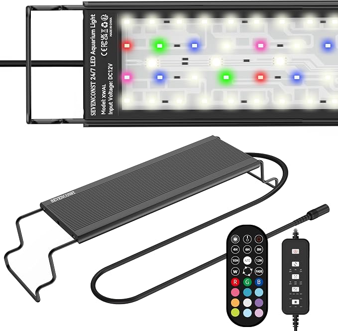 24/7 LED Aquarium Light with Remote for 12-18 Inch Plant & Fish Tank IP68, 12-Color & Gradient & Full Spectrum Light with Timer, Auto On/Off, Brightness, Extendable Brackets for Freshwater