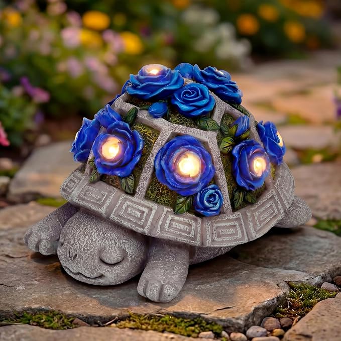 Solar Garden Outdoor Decor Turtle Statue with Dark Blue Roses & 7 LED Lights – Outside Tortoise Decor for Yard Patio Balcony & Backyard - Home House Decoration Art- Gift for Women Mom & Grandma