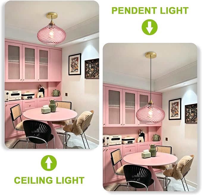 11in Gold Pendant Lights Kitchen Island with Purple Pink Glass Shade 1Pack | Handcrafted Glass Pendant Light Fixtures, UL Certified, E26 Base 100W Max, Height-Adjustable, Dimmable Hanging Pendant Light