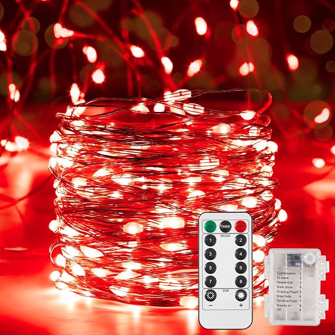 Ariceleo 2 Pack 16.4 Ft. Battery Operated Outdoor String Lights with Remote & Timer, LED Red Fairy Lights, Waterproof Twinkle Lights for Bedroom, Dorm, Mason Jar, Wedding, Party, Christmas