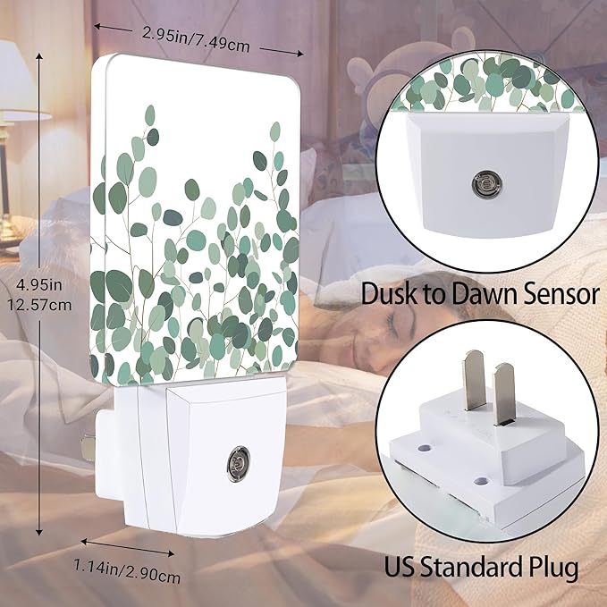 Floral Eucalyptus Dusk to Dawn Night Light, Auto Sensor Lamp Home Indoor Stairway Kitchen Corridor, Night Lights Plug into Wall Decor, Boys Girls Women Men Room Gifts