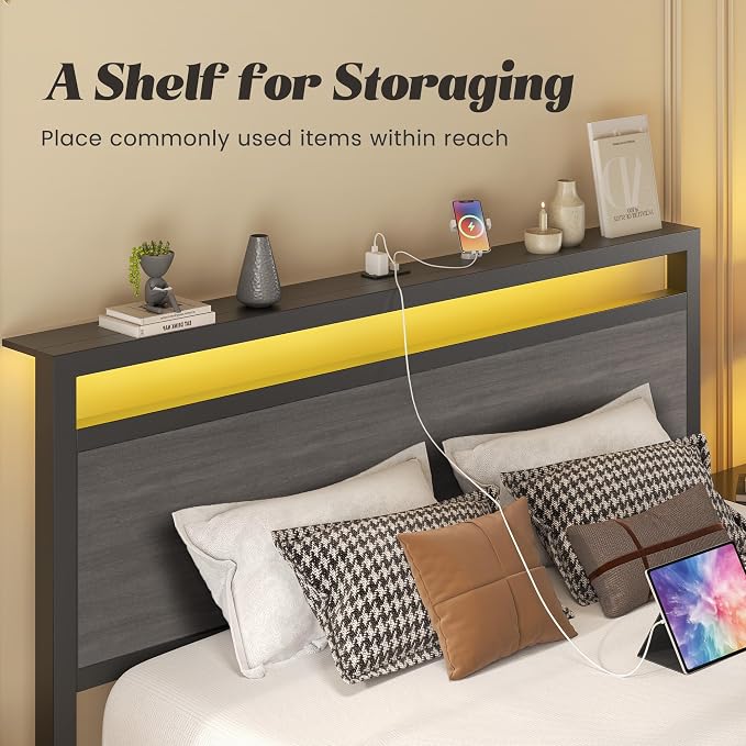 Fluest Queen Bed Frame with Headboard & Footboard, Bed Frame with Built-in Charging Station & LED Light, Storage Shelf, Noise-Free, No Box Spring Needed, Easy Assembly, Rustic Grey
