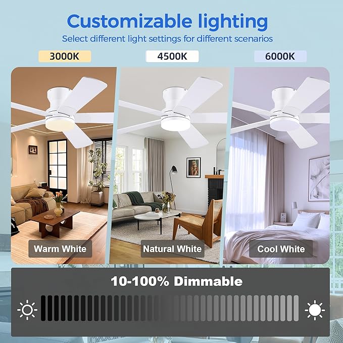 52" White Ceiling Fans with Lights and Remote/APP - Flush Mount Low Profile Ceiling Fan with 5 Reversible Dual-Sided Blades, Dimmable, 1/2/4H Timer, Modern Indoor Fan Light for Kitchen, Bedroom