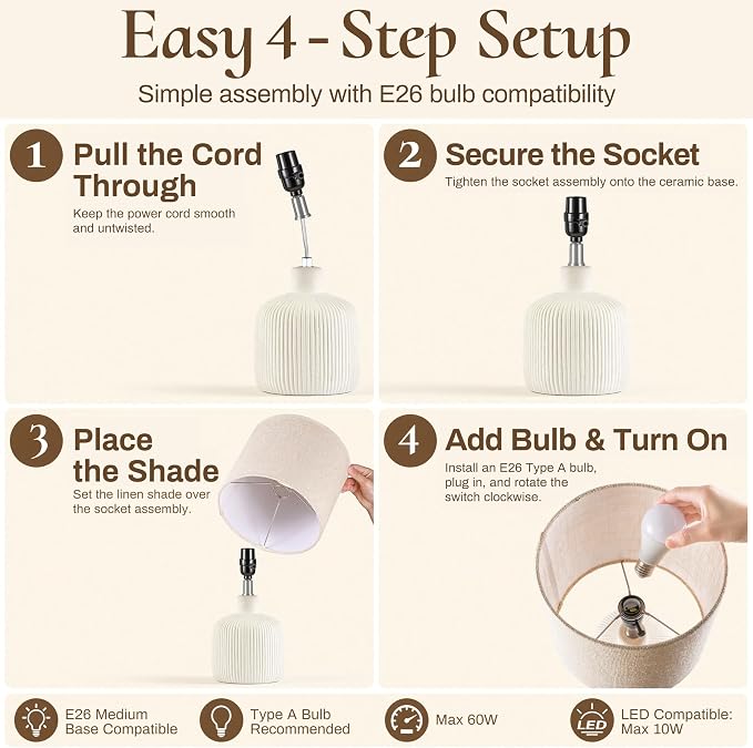 Ceramic Table Lamp, Off-White, 17.75" | Rustic Farmhouse, Beige Linen Shade, Warm Ambient Lighting, Bedside Nightstand