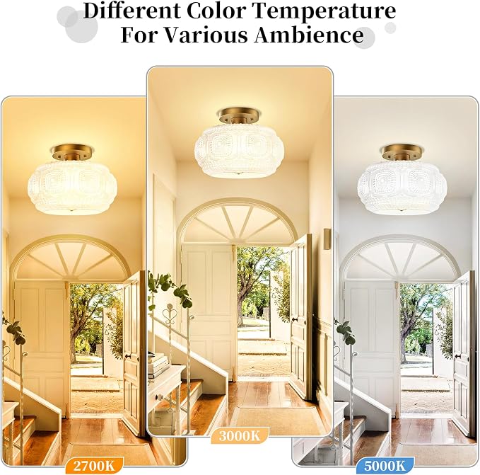 Semi Flush Mount Ceiling Light, Upgraded Larger Milk Glass Shade Modern Ceiling Light Fixture, Vintage Gold Lighting for Hallway Bedroom Entryway Kitchen Porch