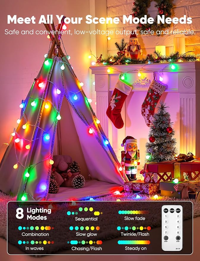 Minetom Multicolor Globe String Lights, 33 Feet 100 Led Fairy Lights Plug in, 8 Modes with Remote Mini Globe Lights for Indoor Outdoor Bedroom Party Wedding Garden Christmas Tree Decor, Multicolor