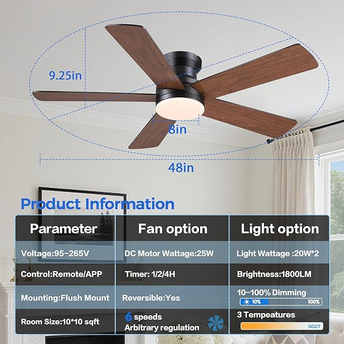 Flush Mount Ceiling Fan with Light and Remote/APP - 48" Low Profile Ceiling Fan with 3CCT Dimmable, 5 Reversible Blades, Modern Indoor Fan Light Fixtures for Bedroom, Kitchen