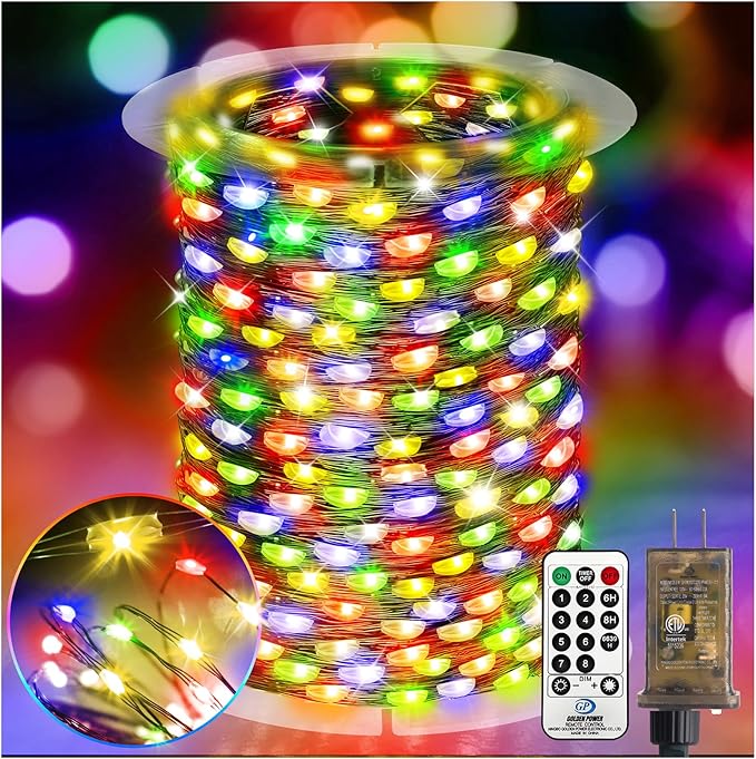 KNONEW 203FT 600LED Green Wire Outdoor Fairy Lights Plug in Multicolor Xmas | Timer,Memory,Dimmable,Remote,Waterproof,Green Wire,Invisible in Greenery,for Garden,Wedding,Party, Indoor/Outdoor, Christmas