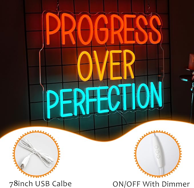 LISIGNVE Progress Over Perfection Neon Sign for Wall Decor Dimmable USB Power Classroom LED Neon Light Positive Affirmation Light Up Sign for Home Office Gym Bedroom(12.2 * 16.5 In)