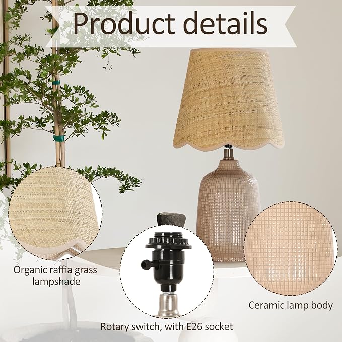 19" Modern Ceramic Table Lamp for Living Room Gray Camel Base Desk Lamps for Bedroom Farmhouse Bedside Nightstand Lamp End Table Lamps,Pink,Rattan Shade