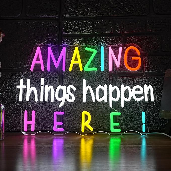 Amazing Things Happen Here Neon Sign Positive Letters Neon Light Sign Dimmable Colorful LED Words Neon Light for Wall Decor Bedroom Party Shop Office Classroom