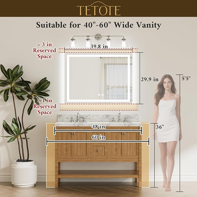 LED Lighted Bathroom Mirror with Lights 40 x 30 Brighter Front and Backlit Light up Mirror for Bathroom Wall, Illuminated Vanity Anti Fog Mirror, 3-Color Stepless Dimmable, Tempered Glass