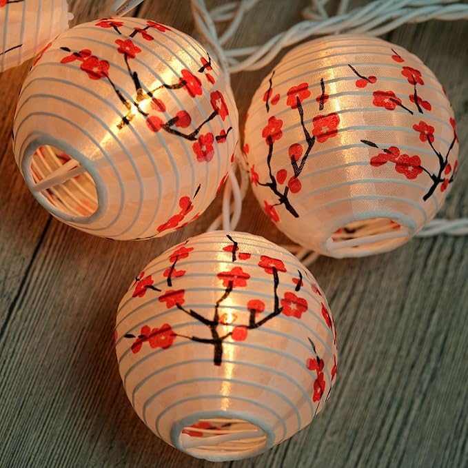 HOSY 10 Count Lantern with 11' White Wire String Lights, 12" Spacing Plug-in Lantern String Lights (Plum Blossom)