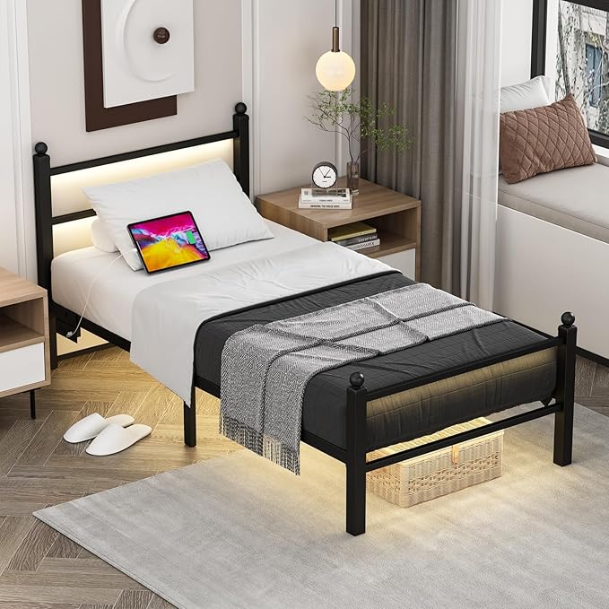 Twin Bed Frames with Charging Station & LED Lights, Metal bed frame twin size with Headboard and Footboard, Heavy Duty Slats Support Platform, No Box Spring Needed, Noise Free, Easy Assembly, Black