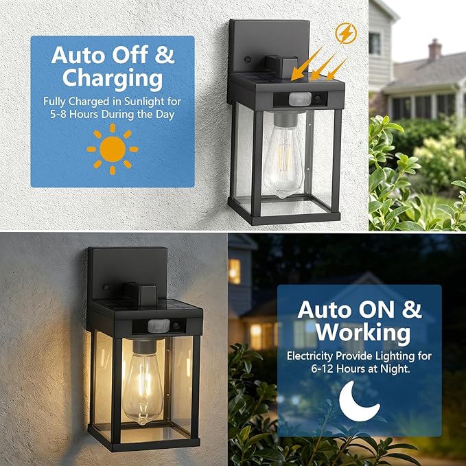 Solar Wall Lanterns Outdoor with 3 Lighting Modes & Motion Sensor, 2 Pack | Dusk to Dawn Solar Wall Lantern Fixture, Waterproof, 4 Bulbs Included, Exterior Front Porch for Garage Patio Yard Garden