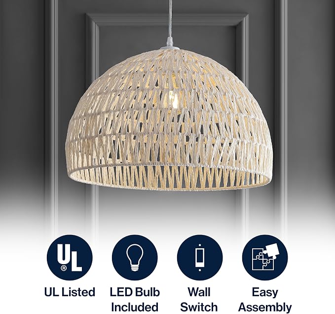 JONATHAN Y Campana 1-Light Pendant Dome Ceiling Lamp, 20", Cream | Modern Coastal Farmhouse Decor, Adjustable Height, Woven Rope Metal Frame, LED Bulb Included, UL Listed