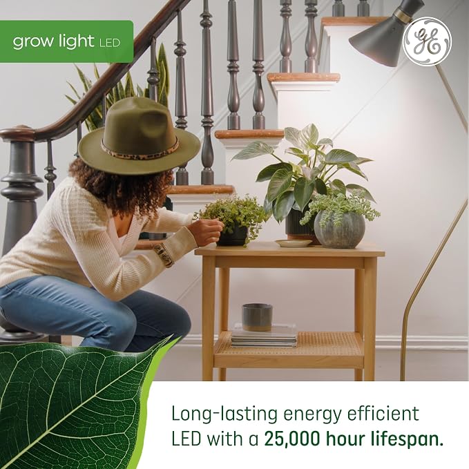 GE Grow Lights for Indoor Plants, A19 LED Light Bulbs for Seeds and Greens with Balanced Light Spectrum, White Indoor Plant Light, 25,000 Hours Lifespan, 16 PPF, 4 Pack (Packaging May Vary)