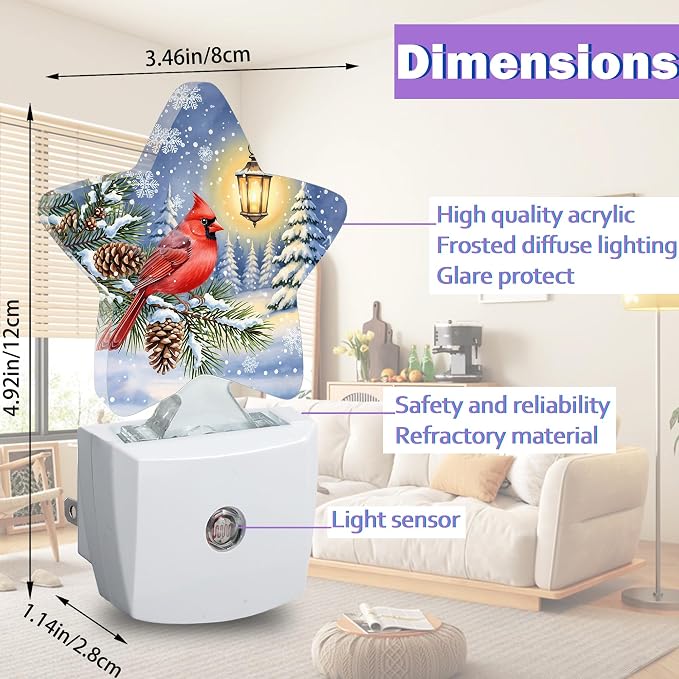 Night Lights Plug Into Wall Decorative,Red Cardinal Bird Nightlights for Kids Bedroom, Winter Pine Tree Energy Efficient Dusk-to-Dawn Sensor Sleep Friendly Lamp for Nursery Bathroom