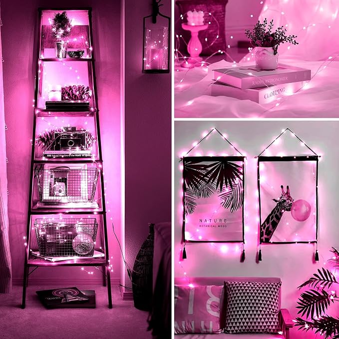 Fairy Lights 66ft 200 LED USB Twinkle String Lights Plug in Silver Wire Lights with Remote and Timer 8 Modes Outdoor Waterproof Starry Lights DIY Party Wedding Christmas Decoration(Pink)