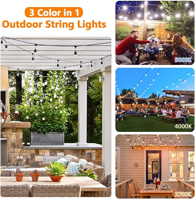 2-Pack 3 Color Dimmable LED Outdoor String Lights with Remotes | Warm White/Neutral White/Daylight, Waterproof, 96FT Hanging Lights with Shatterproof Edison Bulbs for Bistro Patio Backyard
