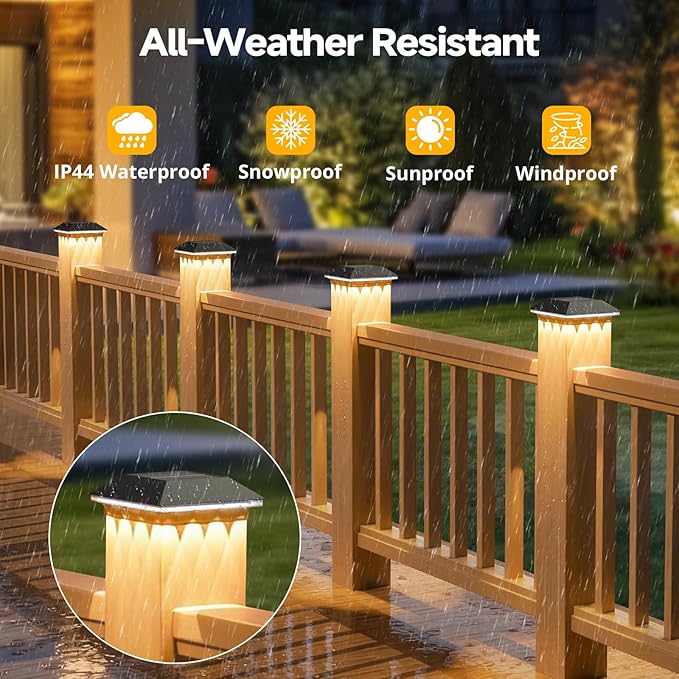 4 Pack 4x4 Solar Post Light, 3 Modes Wooden Vinyl Fence Cap, Black | 3 color temperatures, Waterproof LED Solar Post Lights, Patio Porch Decor, Only Fit Two True Size Post: 3.5''x3.5'', 4''x4''